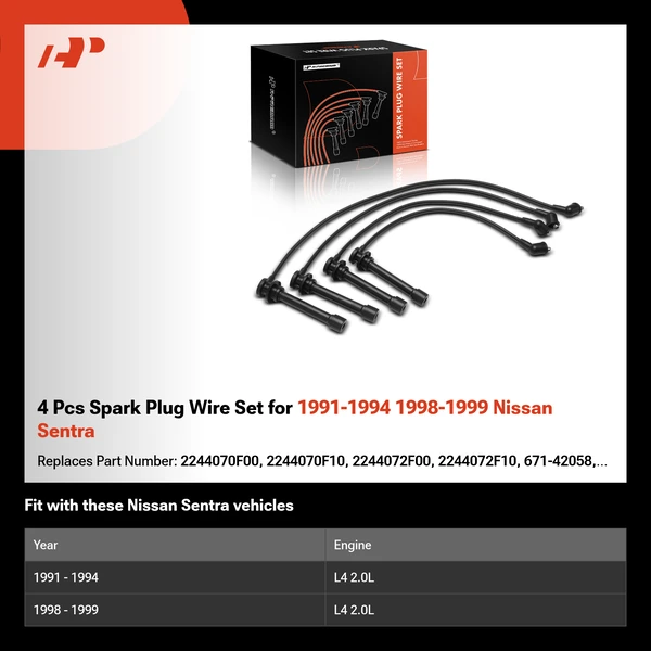 4 Pcs Spark Plug Wire Set for 1991-1994 1998-1999 Nissan Sentra