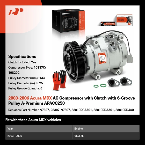 2003-2006 Acura MDX AC Compressor with Clutch with 6-Groove Pulley A-Premium APACC250