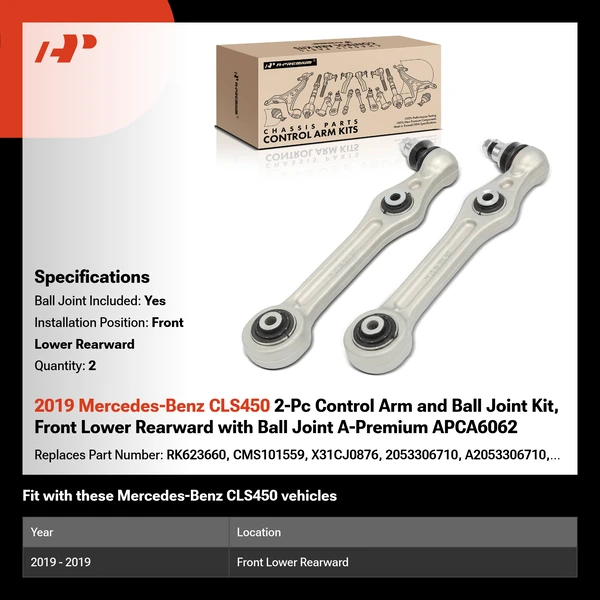 2019 Mercedes-Benz CLS450 2-Pc Control Arm and Ball Joint Kit, Front Lower Rearward with Ball Joint A-Premium APCA6062