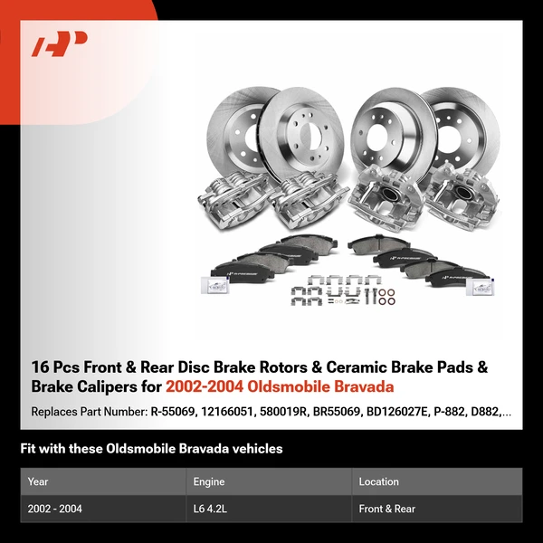 16 Pcs Front & Rear Disc Brake Rotors & Ceramic Brake Pads & Brake Calipers for 2002-2004 Oldsmobile Bravada
