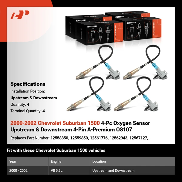2000-2002 Chevrolet Suburban 1500 4-Pc Oxygen Sensor Upstream & Downstream 4-Pin A-Premium OS107