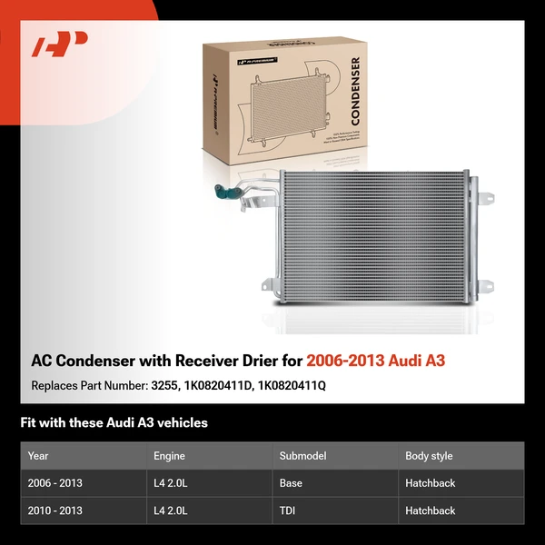 AC Condenser with Receiver Drier for 2006-2013 Audi A3