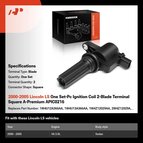 2000-2005 Lincoln LS One Set-Pc Ignition Coil 2-Blade Terminal Square A-Premium APIC0216