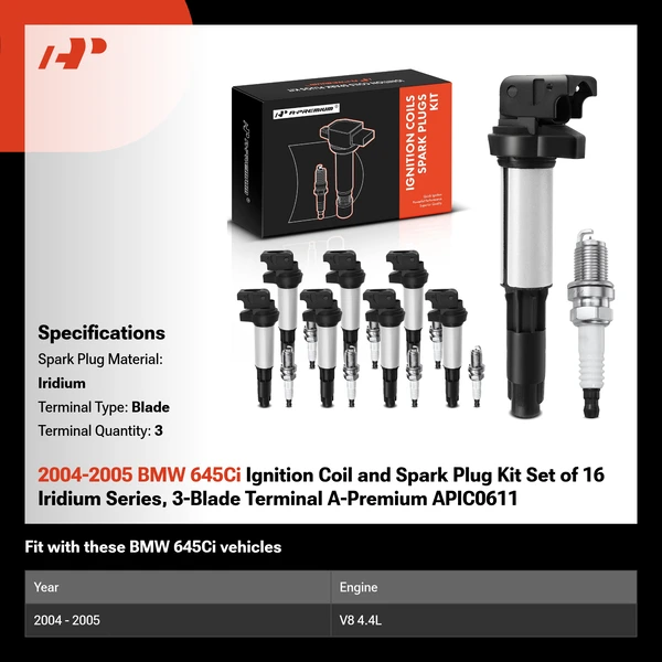 2004-2005 BMW 645Ci Ignition Coil and Spark Plug Kit Set of 16 Iridium Series, 3-Blade Terminal A-Premium APIC0611