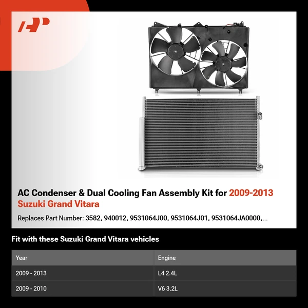 AC Condenser & Dual Cooling Fan Assembly Kit for 2009-2013 Suzuki Grand Vitara