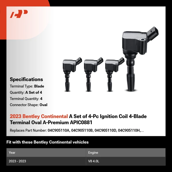 2023 Bentley Continental A Set of 4-Pc Ignition Coil 4-Blade Terminal Oval A-Premium APIC0881