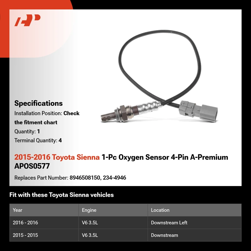 2015-2016 Toyota Sienna 1-Pc Oxygen Sensor 4-Pin A-Premium APOS0577