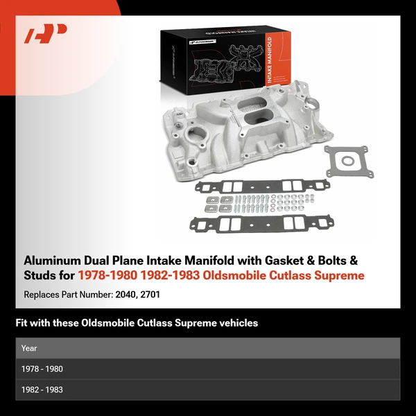 Aluminum Dual Plane Intake Manifold with Gasket & Bolts & Studs for 1978-1980 1982-1983 Oldsmobile Cutlass Supreme