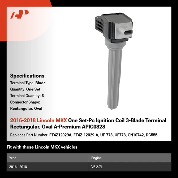 2016-2018 Lincoln MKX One Set-Pc Ignition Coil 3-Blade Terminal Rectangular, Oval A-Premium APIC0328
