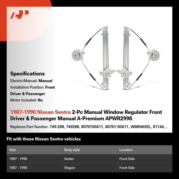 1987-1990 Nissan Sentra 2-Pc Manual Window Regulator Front Driver & Passenger Manual A-Premium APWR2998