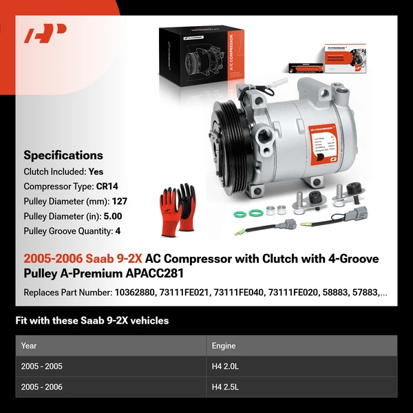 2005-2006 Saab 9-2X AC Compressor with Clutch with 4-Groove Pulley A-Premium APACC281