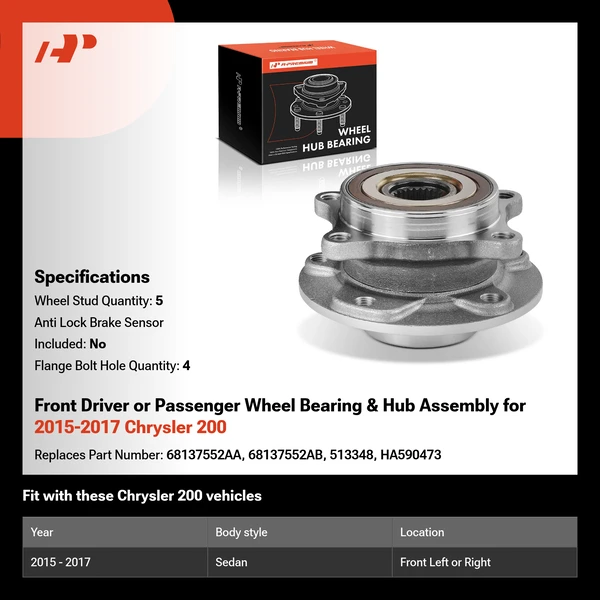 Front Driver or Passenger Wheel Bearing & Hub Assembly for 2015-2017 Chrysler 200