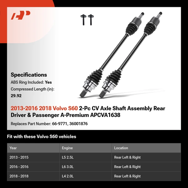 2013-2016 2018 Volvo S60 2-Pc CV Axle Shaft Assembly Rear Driver & Passenger A-Premium APCVA1638