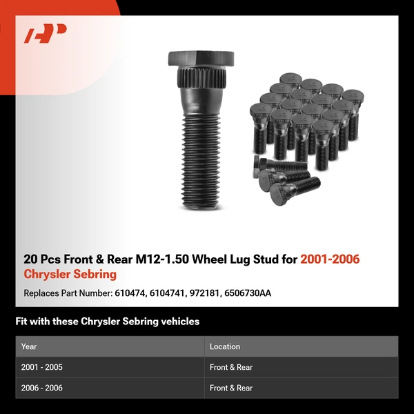 20 Pcs Front & Rear M12-1.50 Wheel Lug Stud for 2001-2006 Chrysler Sebring
