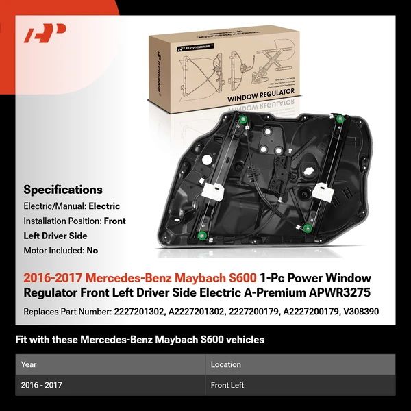 2016-2017 Mercedes-Benz Maybach S600 1-Pc Power Window Regulator Front Left Driver Side Electric A-Premium APWR3275