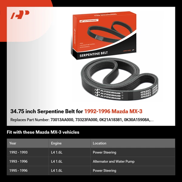 34.75 inch Serpentine Belt for 1992-1996 Mazda MX-3