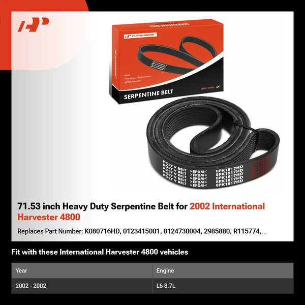 71.53 inch Heavy Duty Serpentine Belt for 2002 International Harvester 4800