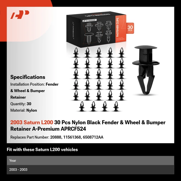 2003 Saturn L200 30 Pcs Nylon Black Fender & Wheel & Bumper Retainer A-Premium APRCF524
