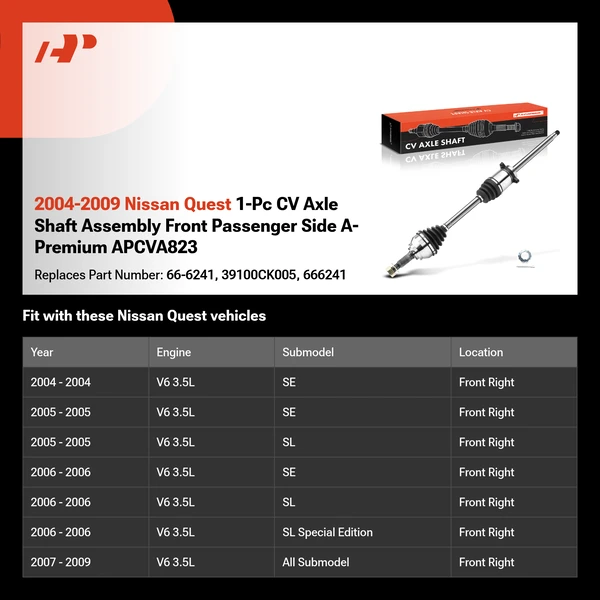 2004-2009 Nissan Quest 1-Pc CV Axle Shaft Assembly Front Passenger Side A-Premium APCVA823
