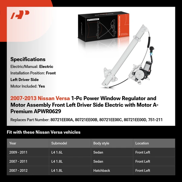 2007-2013 Nissan Versa 1-Pc Power Window Regulator and Motor Assembly Front Left Driver Side Electric with Motor A-Premium APWR0629