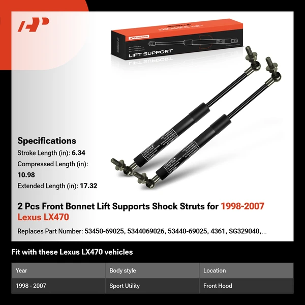2 Pcs Front Bonnet Lift Supports Shock Struts for 1998-2007 Lexus LX470