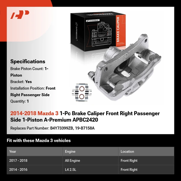 2014-2018 Mazda 3 1-Pc Brake Caliper Front Right Passenger Side 1-Piston A-Premium APBC2420