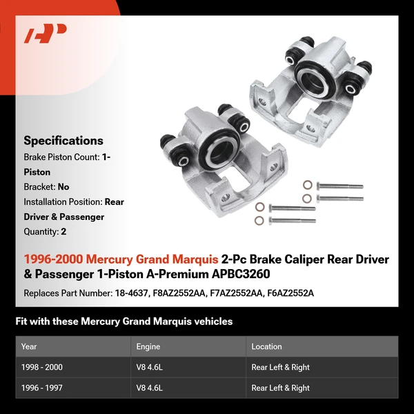 1996-2000 Mercury Grand Marquis 2-Pc Brake Caliper Rear Driver & Passenger 1-Piston A-Premium APBC3260