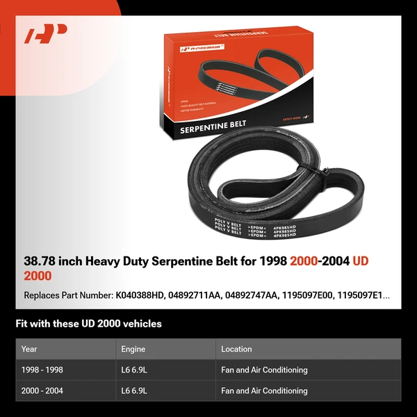 38.78 inch Heavy Duty Serpentine Belt for 1998 2000-2004 UD 2000