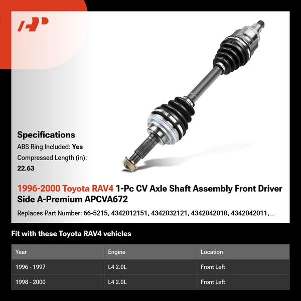 1996-2000 Toyota RAV4 1-Pc CV Axle Shaft Assembly Front Driver Side A-Premium APCVA672