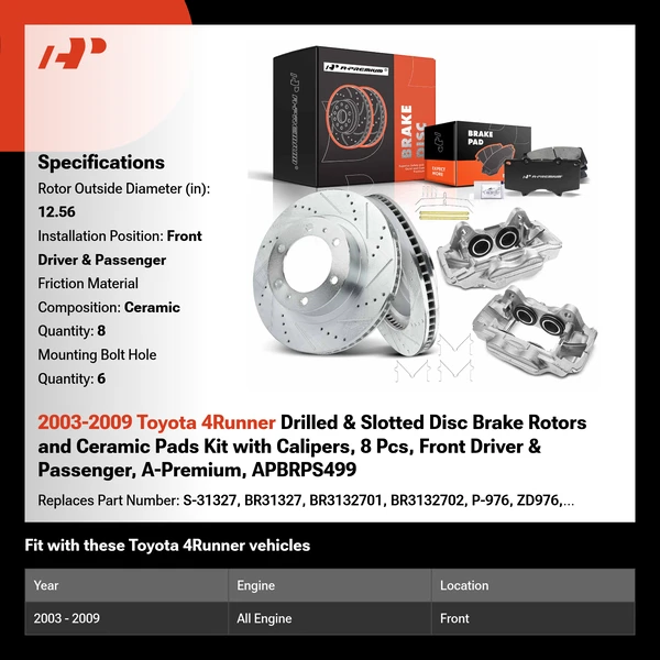 2003-2009 Toyota 4Runner Drilled & Slotted Disc Brake Rotors and Ceramic Pads Kit with Calipers, 8 Pcs, Front Driver & Passenger, A-Premium, APBRPS499