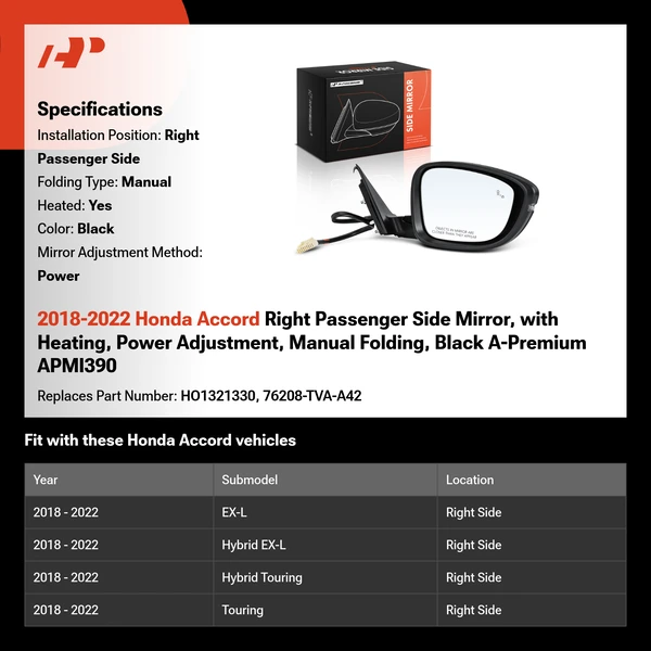 2018-2022 Honda Accord Right Passenger Side Mirror, with Heating, Power Adjustment, Manual Folding, Black A-Premium APMI390