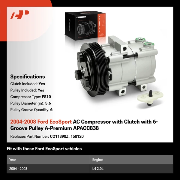 2004-2008 Ford EcoSport AC Compressor with Clutch with 6-Groove Pulley A-Premium APACC838