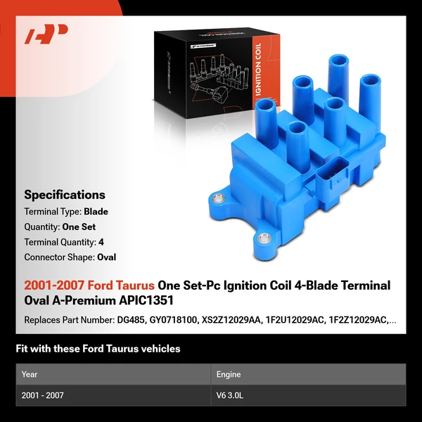 2001-2007 Ford Taurus One Set-Pc Ignition Coil 4-Blade Terminal Oval A-Premium APIC1351