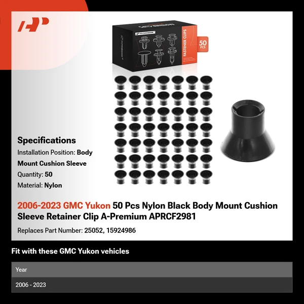 2006-2023 GMC Yukon 50 Pcs Nylon Black Body Mount Cushion Sleeve A-Premium APRCF2981