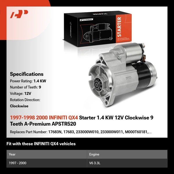 1997-1998 2000 INFINITI QX4 Starter 1.4 KW 12V Clockwise 9 Teeth A-Premium APSTR520