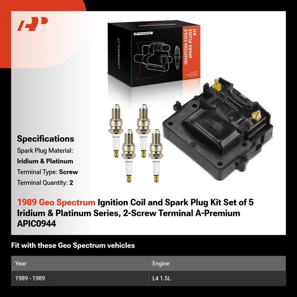 1989 Geo Spectrum Ignition Coil and Spark Plug Kit Set of 5 Iridium & Platinum Series, 2-Screw Terminal A-Premium APIC0944