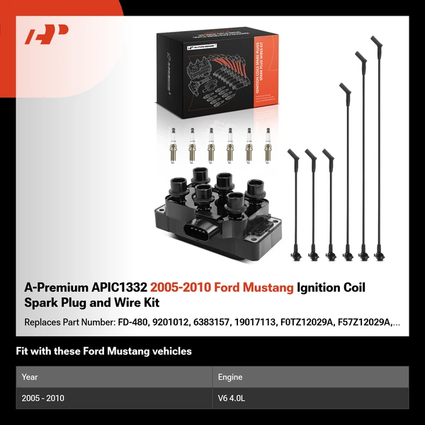 A-Premium APIC1332 2005-2010 Ford Mustang Ignition Coil Spark Plug and Wire Kit