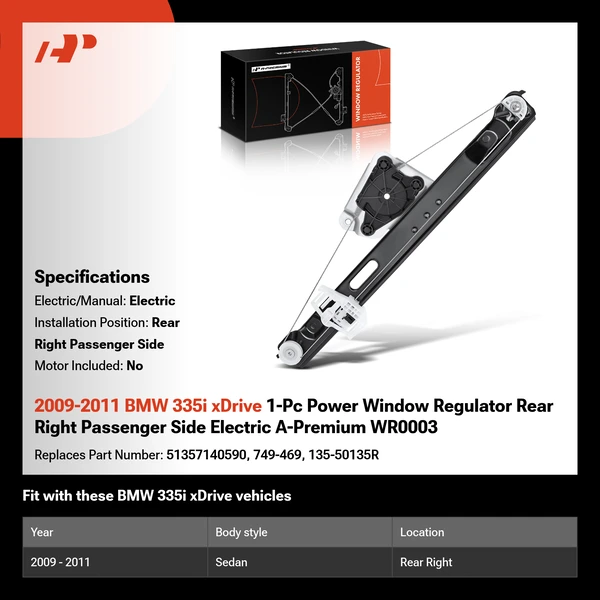 2009-2011 BMW 335i xDrive 1-Pc Power Window Regulator Rear Right Passenger Side Electric A-Premium WR0003