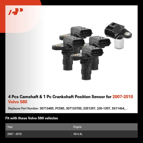 4 Pcs Camshaft & 1 Pc Crankshaft Position Sensor for 2007-2010 Volvo S80
