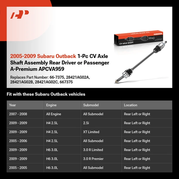 2005-2009 Subaru Outback 1-Pc CV Axle Shaft Assembly Rear Driver or Passenger A-Premium APCVA959
