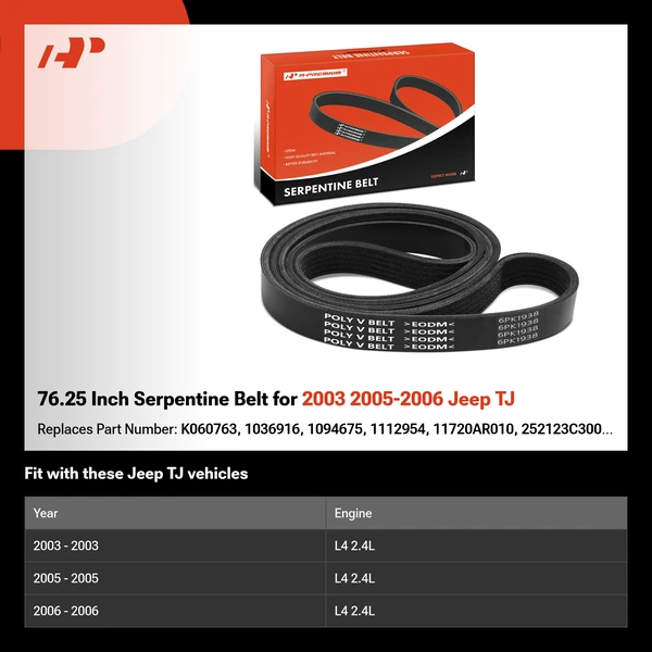 76.25 Inch Serpentine Belt for 2003 2005-2006 Jeep TJ