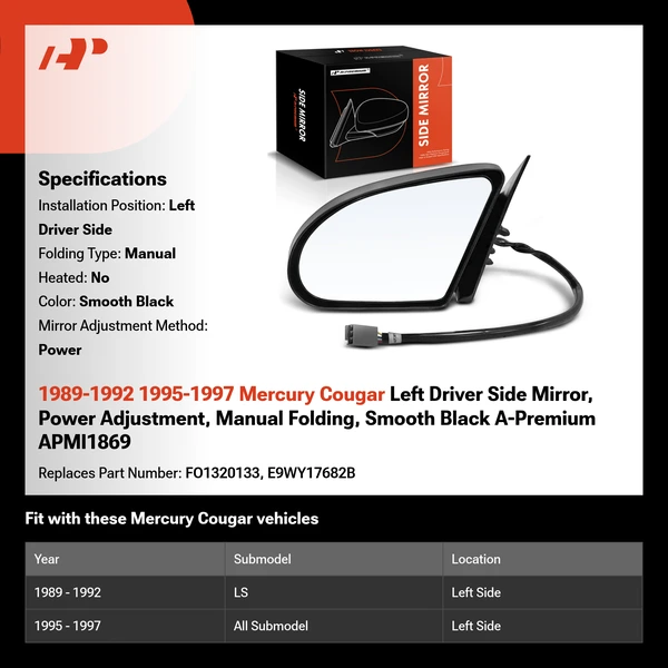 1989-1992 1995-1997 Mercury Cougar Left Driver Side Mirror, Power Adjustment, Manual Folding, Smooth Black A-Premium APMI1869