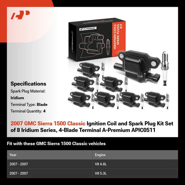 2007 GMC Sierra 1500 Classic Ignition Coil and Spark Plug Kit Set of 8 Iridium Series, 4-Blade Terminal A-Premium APIC0511