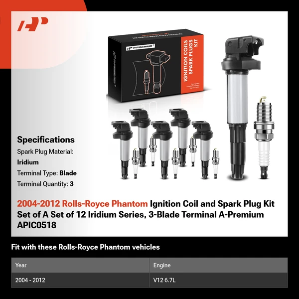 2004-2012 Rolls-Royce Phantom Ignition Coil and Spark Plug Kit Set of A Set of 12 Iridium Series, 3-Blade Terminal A-Premium APIC0518