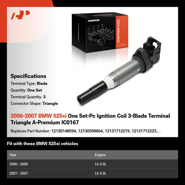 2006-2007 BMW 525xi One Set-Pc Ignition Coil 3-Blade Terminal Triangle A-Premium IC0167
