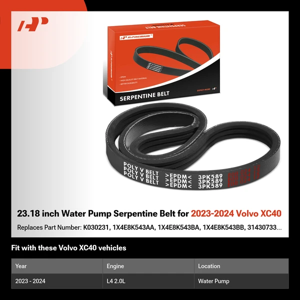 23.18 inch Water Pump Serpentine Belt for 2023-2024 Volvo XC40