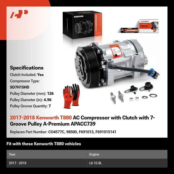 2017-2018 Kenworth T880 AC Compressor with Clutch with 7-Groove Pulley A-Premium APACC739