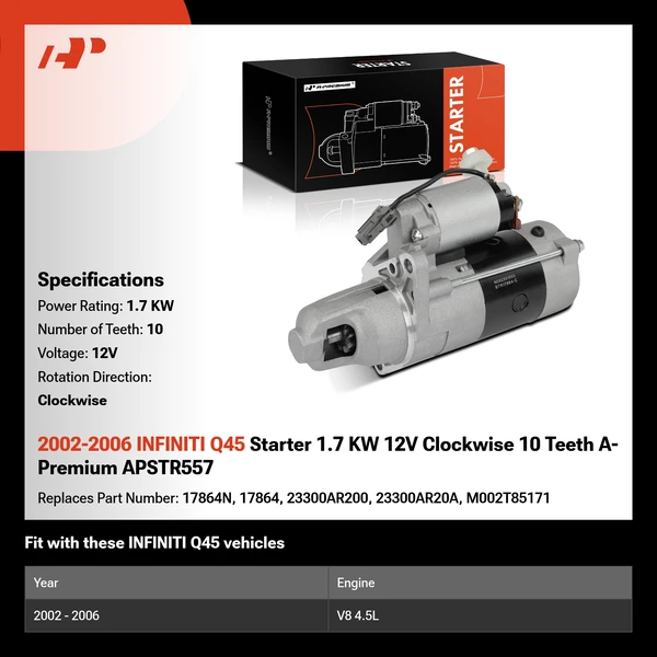 2002-2006 INFINITI Q45 Starter 1.7 KW 12V Clockwise 10 Teeth A-Premium APSTR557