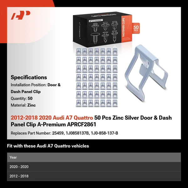 2012-2018 2020 Audi A7 Quattro 50 Pcs Zinc Silver Door & Dash Panel Clip A-Premium APRCF2861