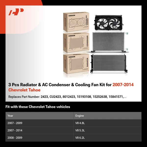 3 Pcs Radiator & AC Condenser & Cooling Fan Kit for 2007-2014 Chevrolet Tahoe